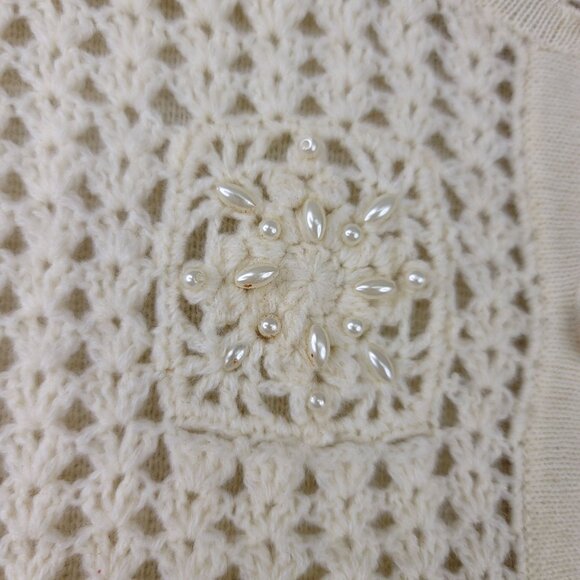 Robert Scott Seed Pearl Beaded Crochet Cardigan Large Ivory Lambswool Acrylic - Picture 4 of 10